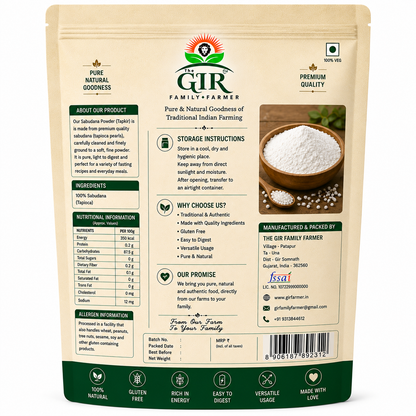 Organic Sabudana Powder by THE GIR FARMER in a resealable bag, ideal for cooking and traditional recipes