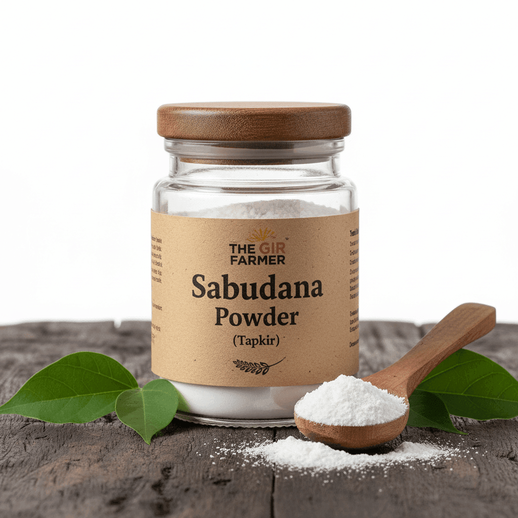Organic Sabudana Powder in a glass jar with a wooden lid, perfect for gluten-free recipes and snacks