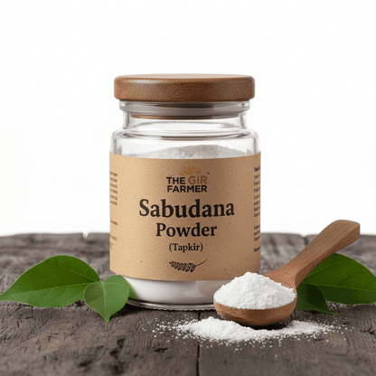 Organic Sabudana Powder in a glass jar with a wooden lid, perfect for gluten-free recipes and snacks