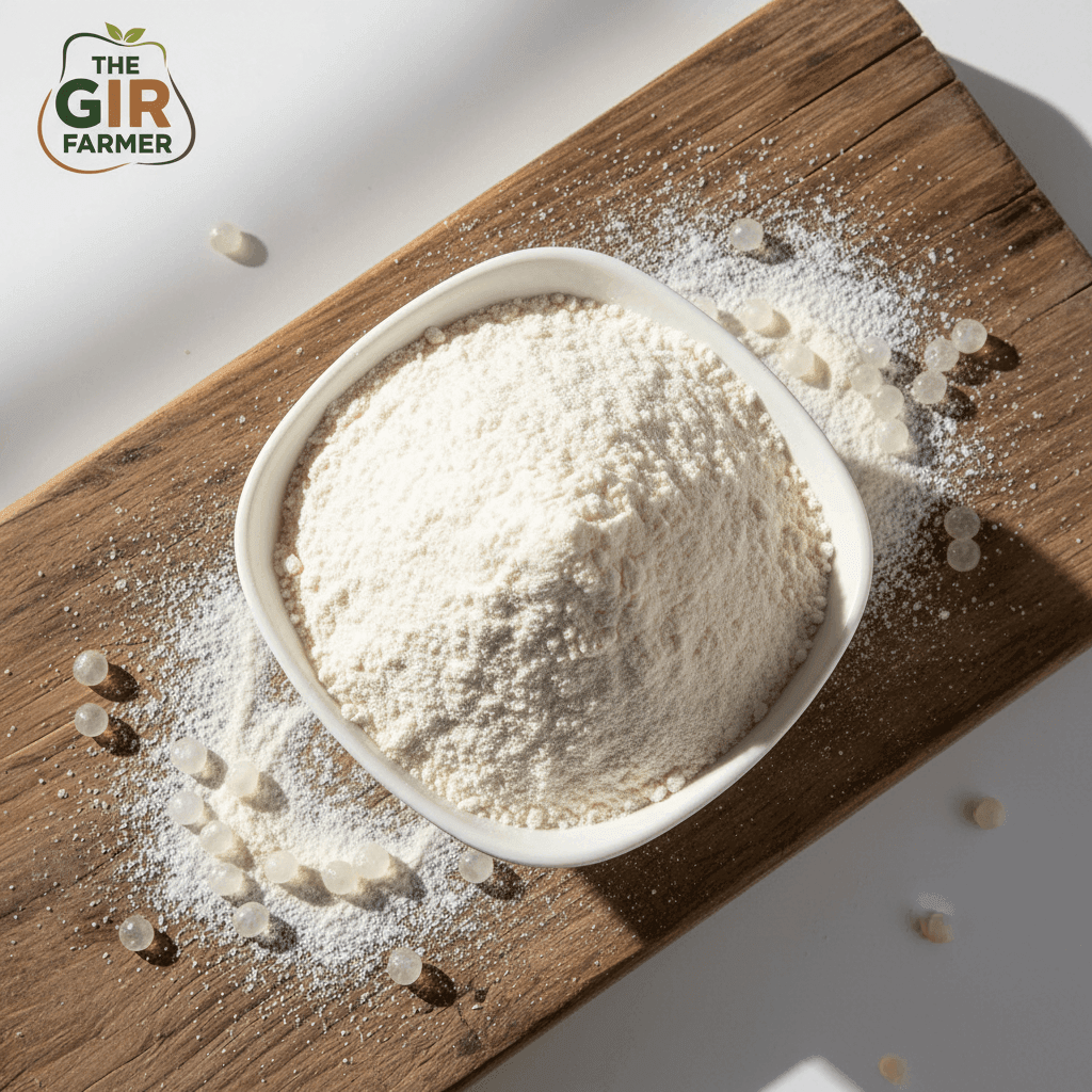 Organic Sabudana Powder in a white bowl on a wooden board for cooking and baking recipes