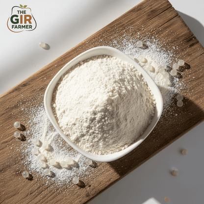 Organic Sabudana Powder in a white bowl on a wooden board for cooking and baking recipes