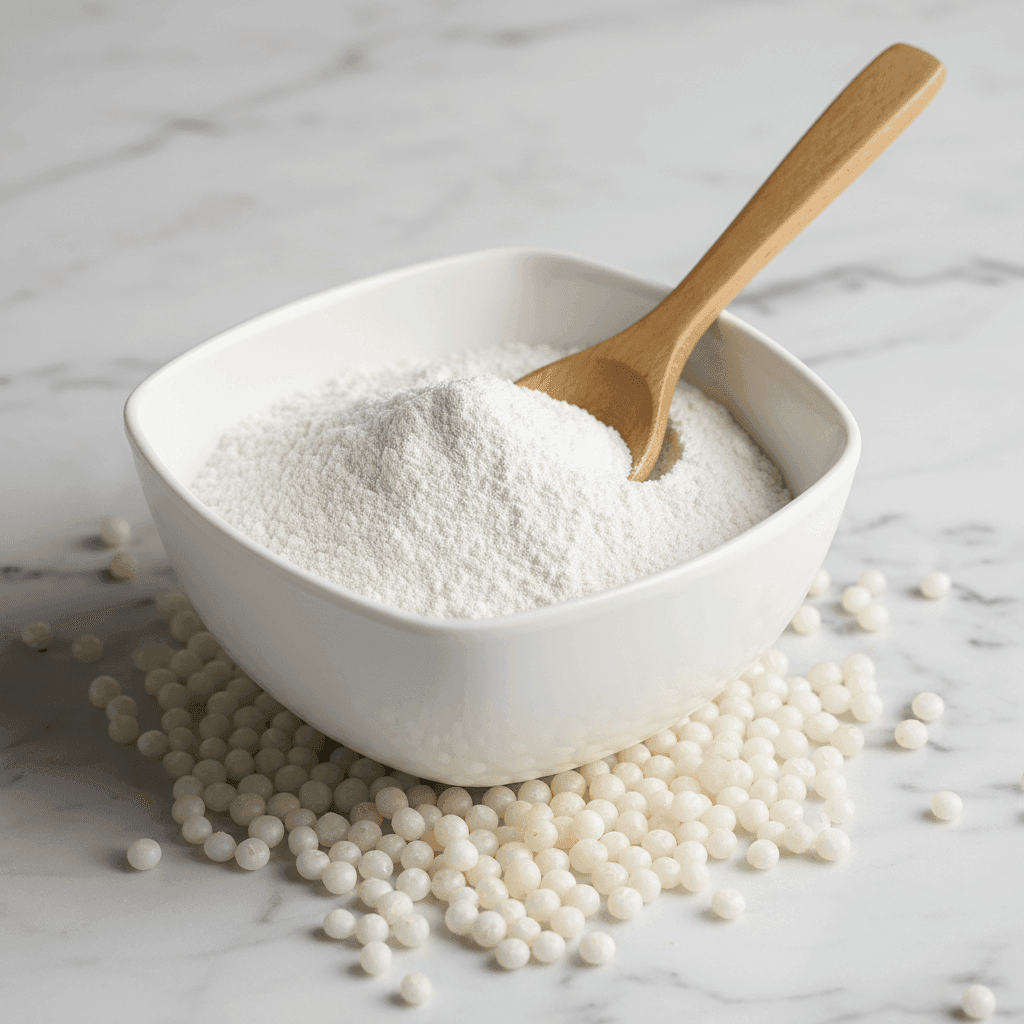 Pure white Organic Sabudana Powder in a bowl with a wooden spoon, ideal for cooking and baking
