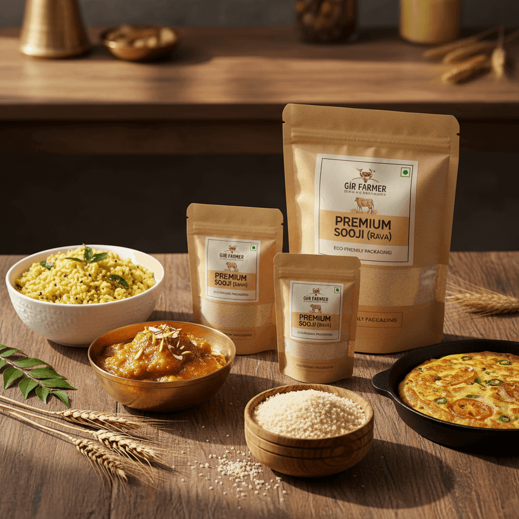 THE GIR FARMER Organic Sooji in various packaging with a bowl of ghee and dish on a wooden table