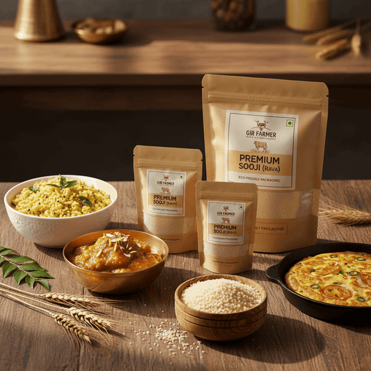 THE GIR FARMER Organic Sooji in various packaging with a bowl of ghee and dish on a wooden table