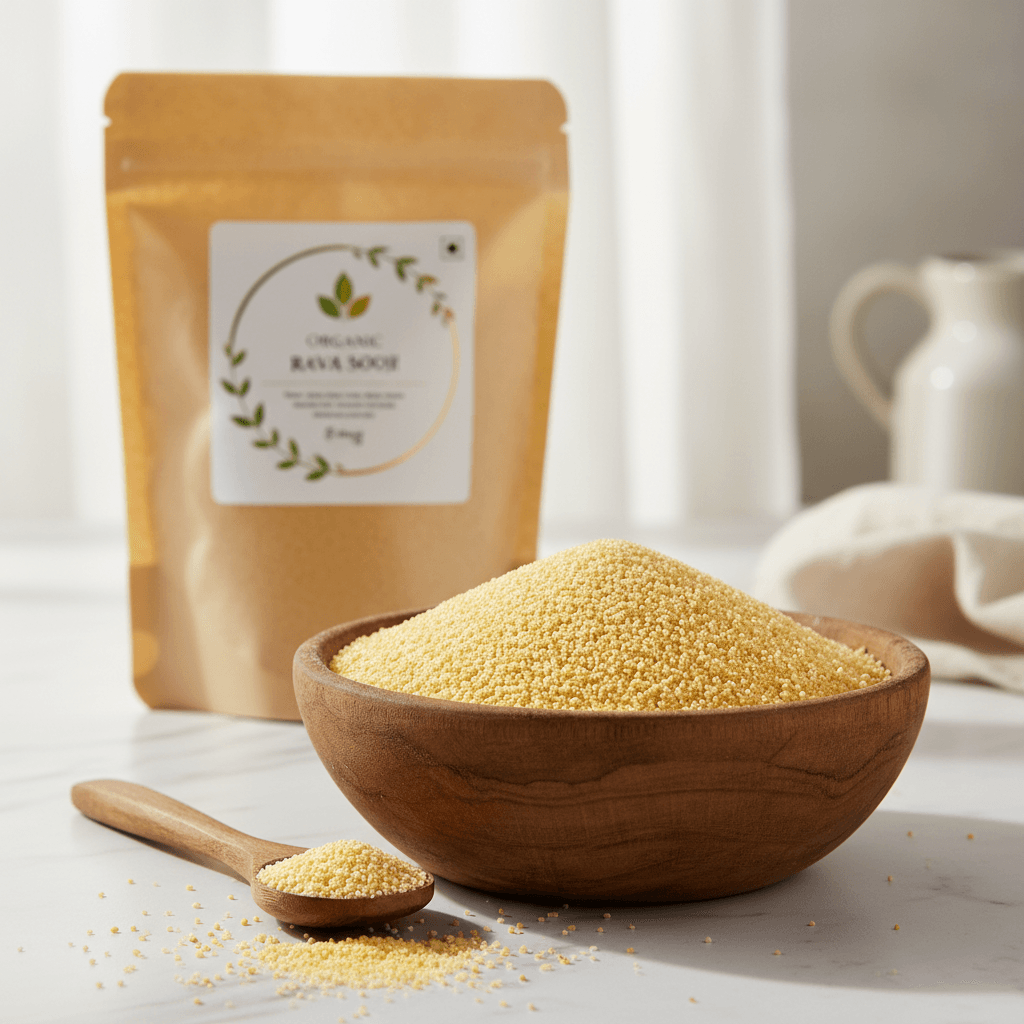 Organic Sooji finely ground in a wooden bowl with a kraft bag in the background, perfect for making delicious dishes