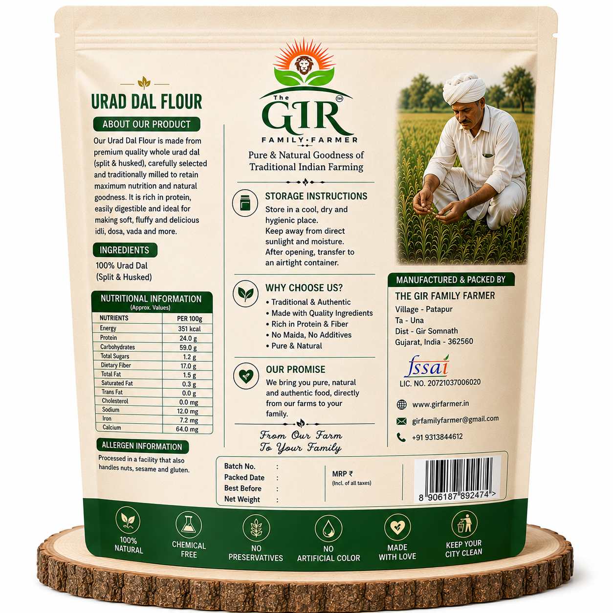 Organic Urad Dal Flour in a resealable bag, ideal for making traditional Indian dishes and recipes