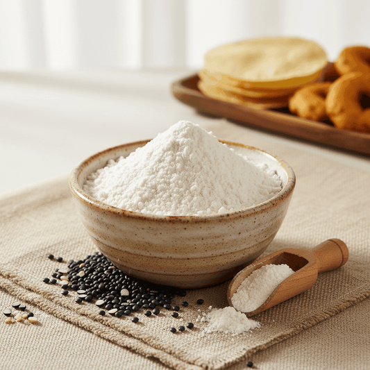 Bowl of Organic Urad Dal Flour with black sesame seeds, perfect for making dosa and other Indian dishes
