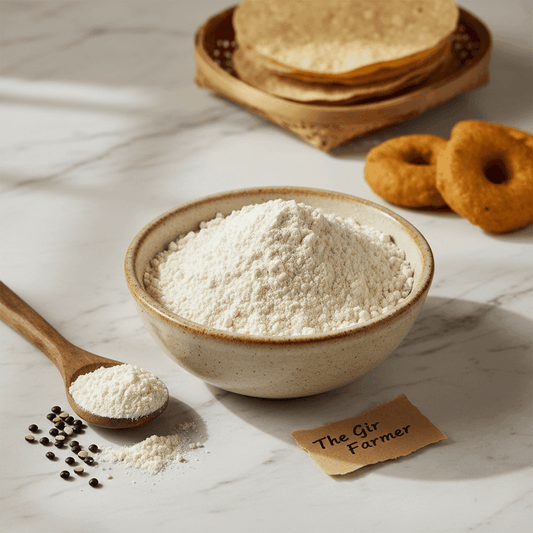 Organic Urad Dal Flour in a bowl with a wooden spoon, ideal for making dosas and snacks