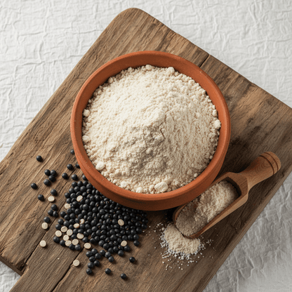 Organic Urad Dal Flour in a brown bowl with black dal on a wooden surface, ideal for Indian cooking