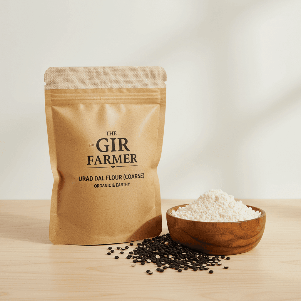 Organic Urad Dal Flour in a resealable pouch with coarse texture, perfect for healthy recipes and cooking.