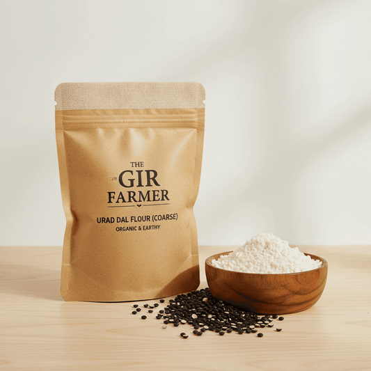 Organic Urad Dal Flour in a resealable pouch with coarse texture, perfect for healthy recipes and cooking.