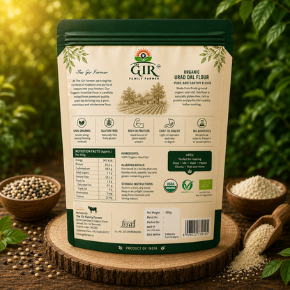 THE GIR FARMER Organic Urad Dal Flour in eco-friendly packaging, perfect for healthy cooking and baking