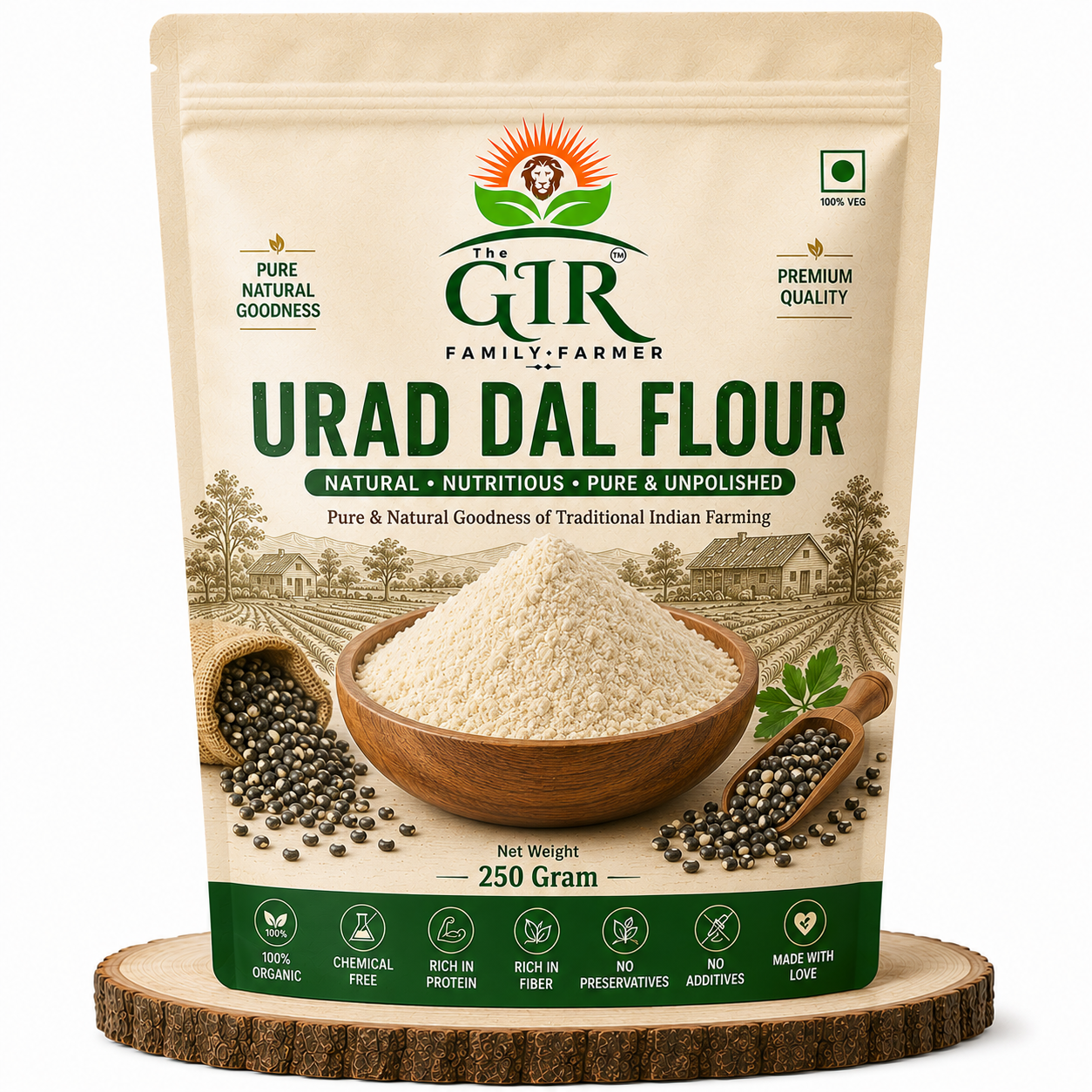 Organic Urad Dal Flour by THE GIR FARMER in a 250 gram pack, perfect for healthy cooking and baking.