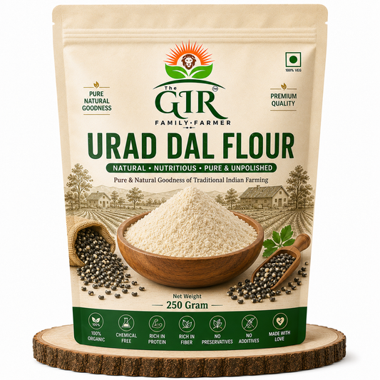 Organic Urad Dal Flour by THE GIR FARMER in a 250 gram pack, perfect for healthy cooking and baking.