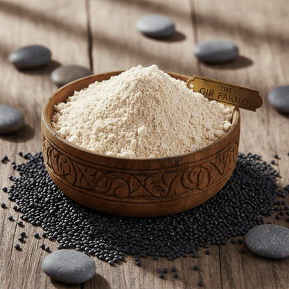 Organic Urad Dal Flour in a wooden bowl surrounded by black lentils, perfect for gluten-free recipes