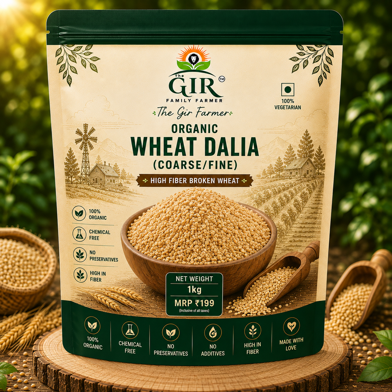 Organic Wheat Dalia by THE GIR FARMER, 1kg pack of high fiber coarse broken wheat for nutritious meals