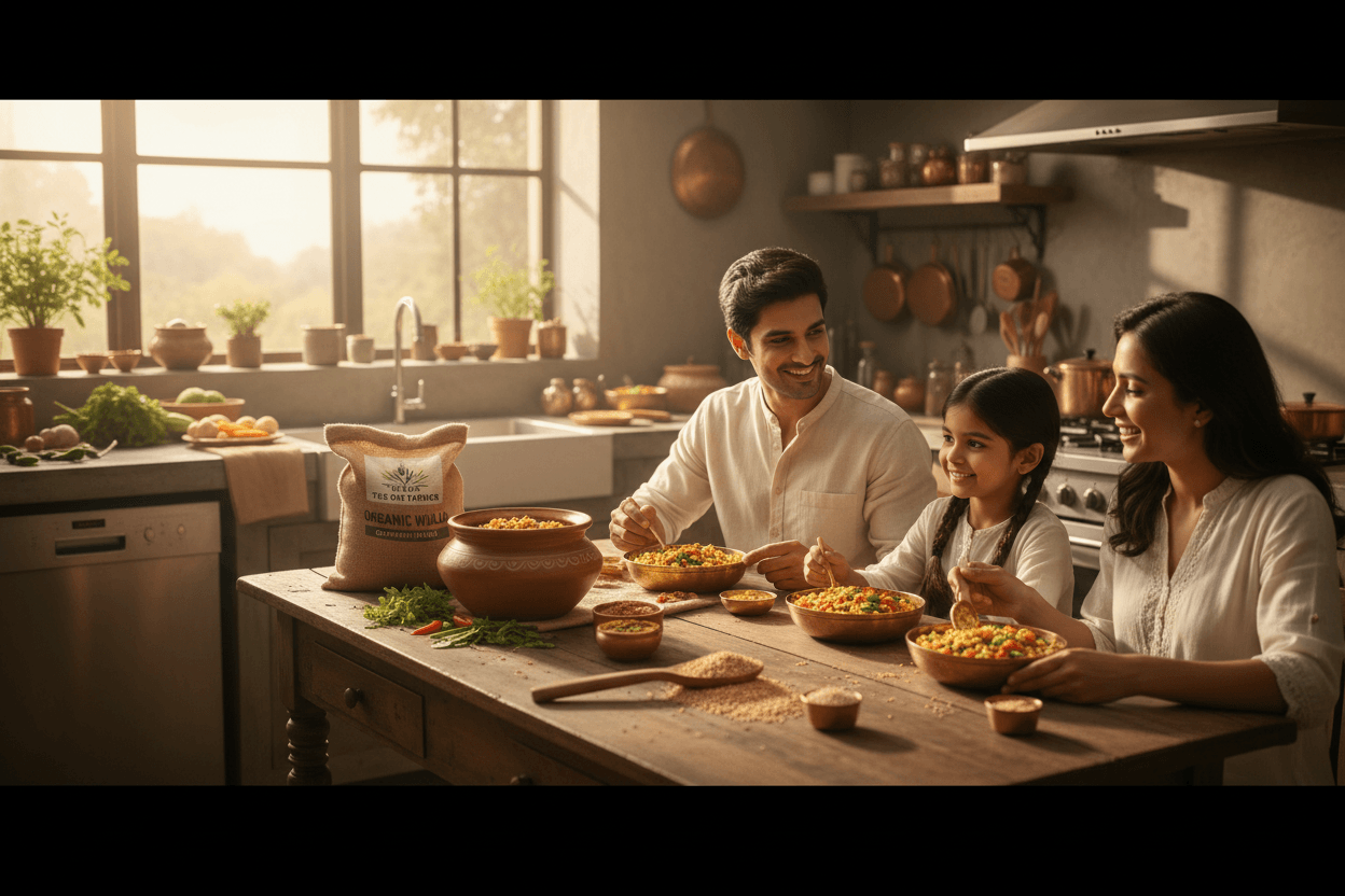 Family enjoying a meal made with Organic Wheat Dalia in a cozy kitchen setting