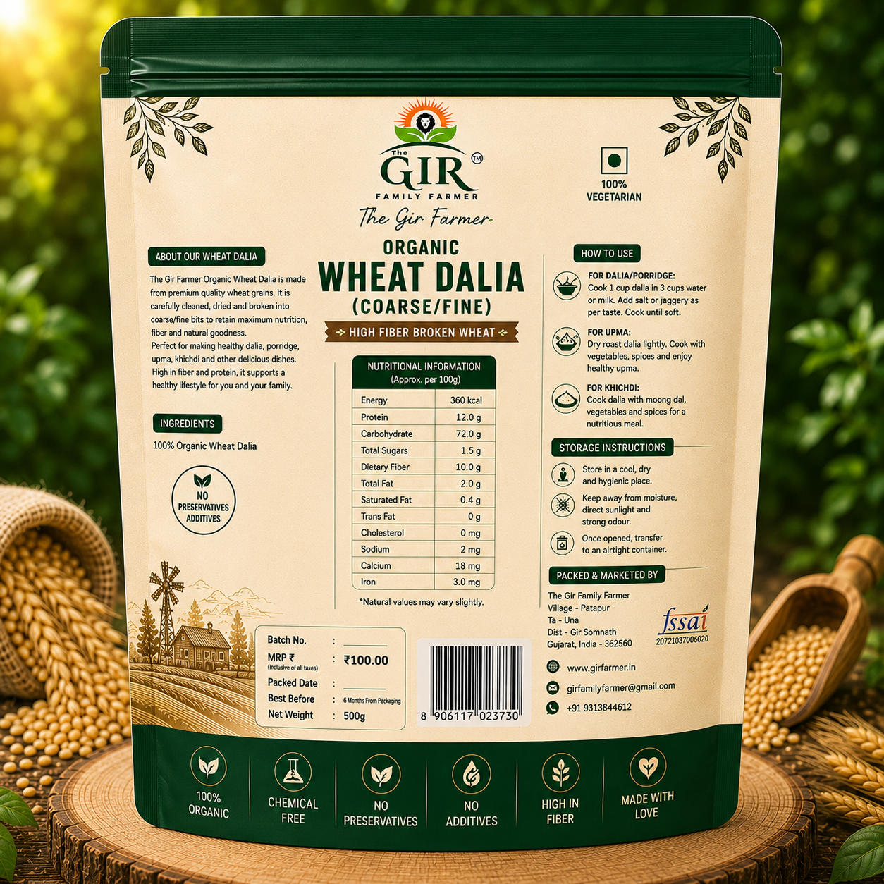 THE GIR FARMER Organic Wheat Dalia Coarse/Fine for nutritious meals and easy cooking