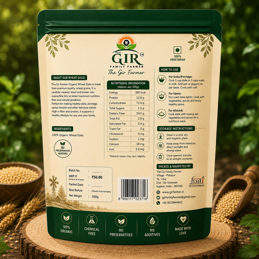 The Gir Farmer Organic Wheat Dalia 500g pack, ideal for healthy meals and vegetarian recipes