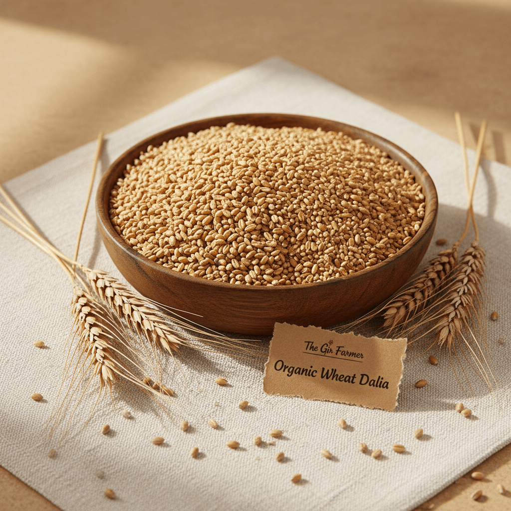 Brown bowl filled with Organic Wheat Dalia surrounded by wheat stalks on a beige cloth