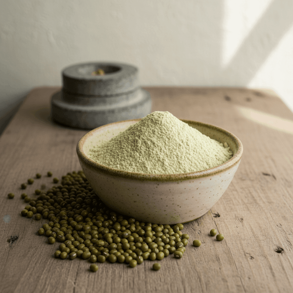 Organic Whole Moong Flour in a bowl, surrounded by moong beans, ideal for healthy baking and cooking