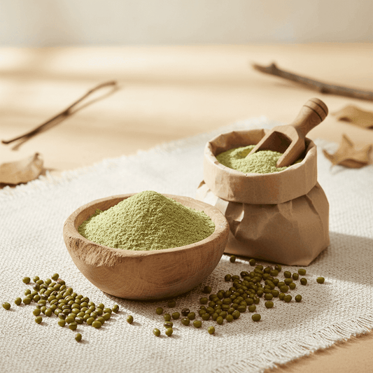 Organic Whole Moong Flour in a wooden bowl with raw moong beans and a small paper sack on a textured surface