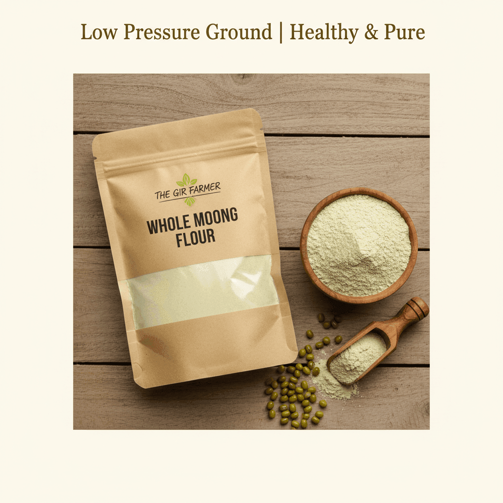 Organic Whole Moong Flour in a recycled bag, ideal for healthy cooking and baking