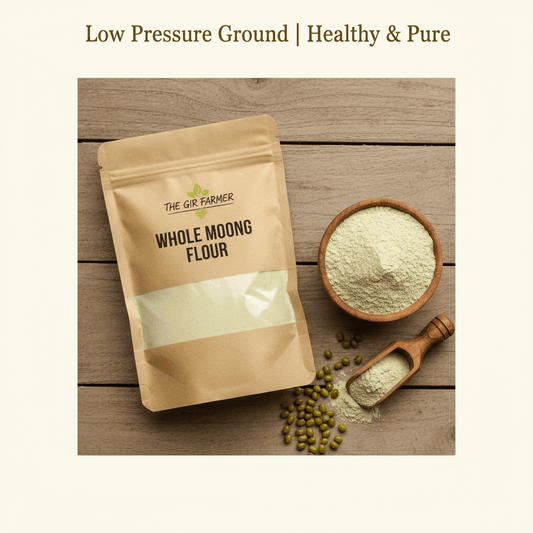Organic Whole Moong Flour in a recycled bag, ideal for healthy cooking and baking