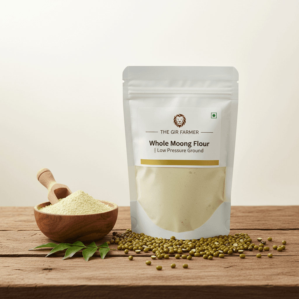 Organic Whole Moong Flour in a resealable bag with a bowl of flour and green moong beans for cooking.