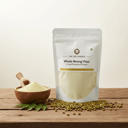 Organic Whole Moong Flour in a resealable bag with a bowl of flour and green moong beans for cooking.