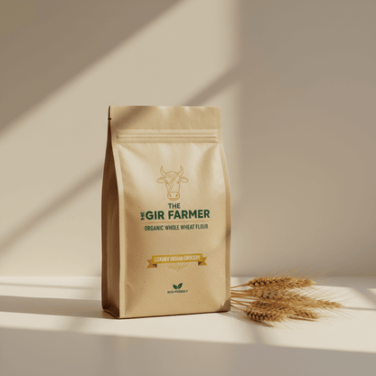 Natural kraft bag of Organic Whole Wheat Flour from THE GIR FARMER, perfect for healthy baking