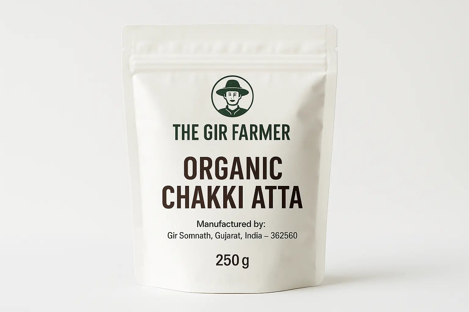THE GIR FARMER Organic Whole Wheat Flour in a 250g package labeled Organic Chakki Atta
