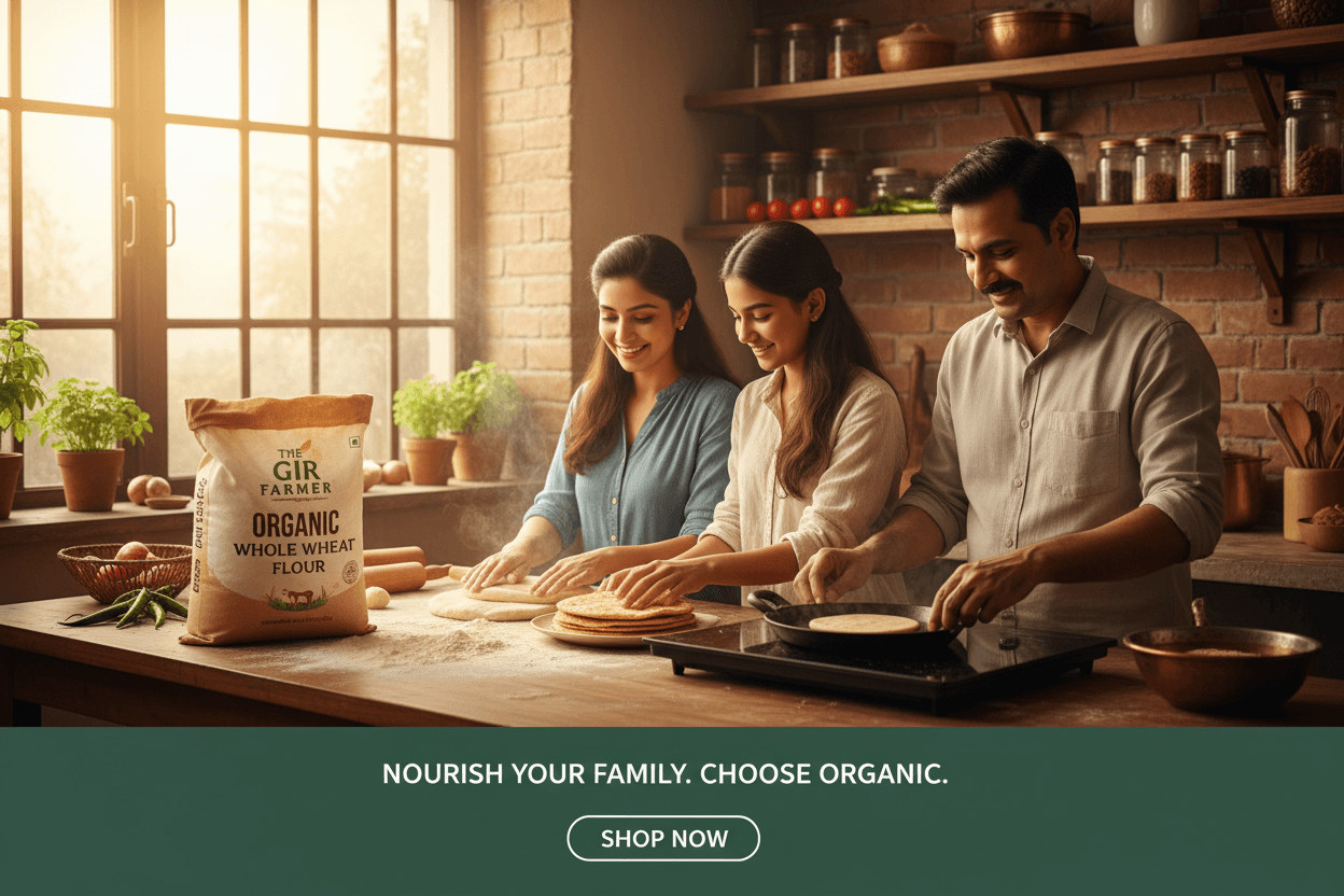 The Gir Farmer Organic Whole Wheat Flour in a bag with family baking together in a cozy kitchen