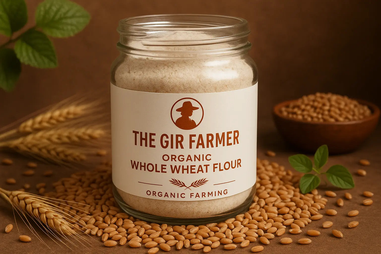 The Gir Farmer Organic Whole Wheat Flour in a glass jar with wheat grains and leaves