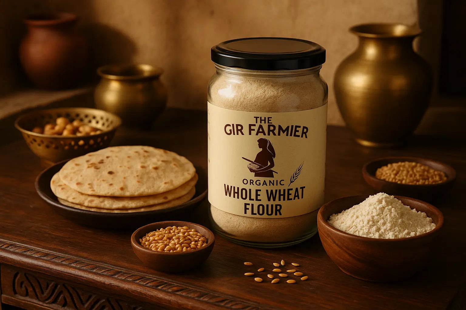 The Gir Farmer Organic Whole Wheat Flour in a jar with flatbreads and grains on a wooden table