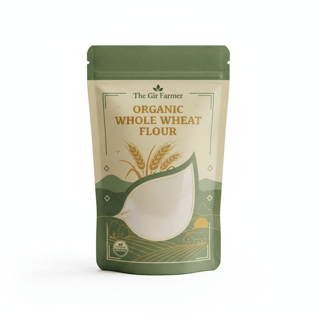 The Gir Farmer Organic Whole Wheat Flour in a sealed green pouch for baking and cooking