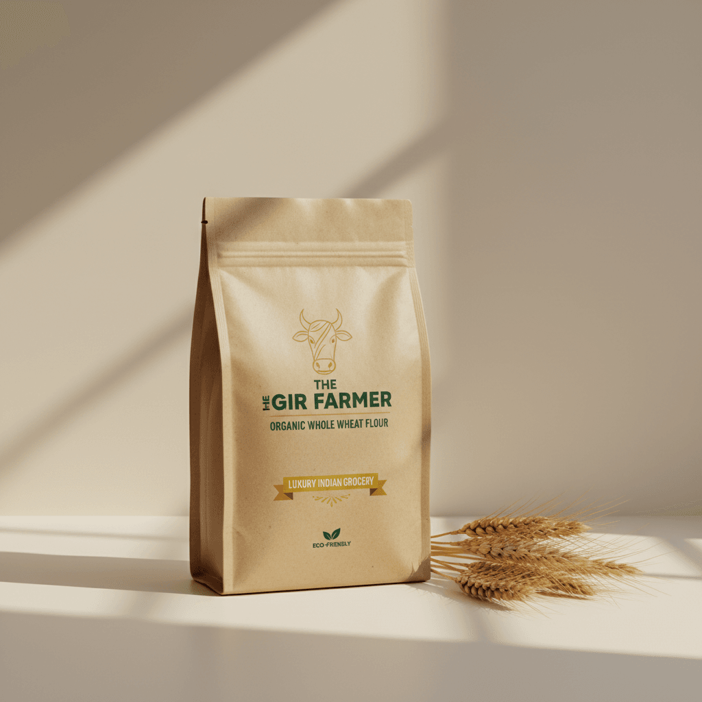 THE GIR FARMER Organic Whole Wheat Flour in a brown kraft bag for healthy baking options