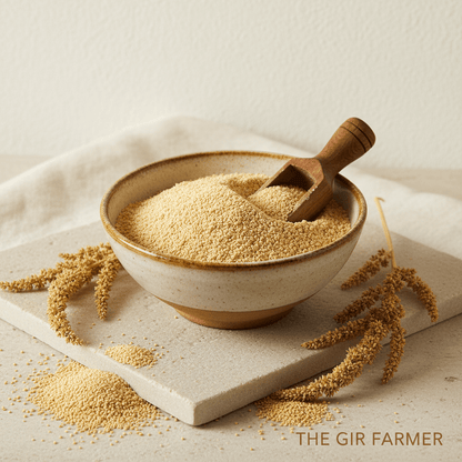 Organic rajgira flour in a ceramic bowl with a wooden scoop, perfect for gluten-free dishes