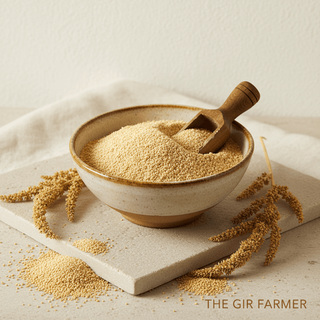 Organic rajgira flour in a bowl with a wooden scoop, perfect for gluten-free baking