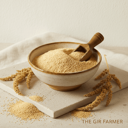 Organic rajgira flour in a bowl with a wooden scoop, perfect for gluten-free baking