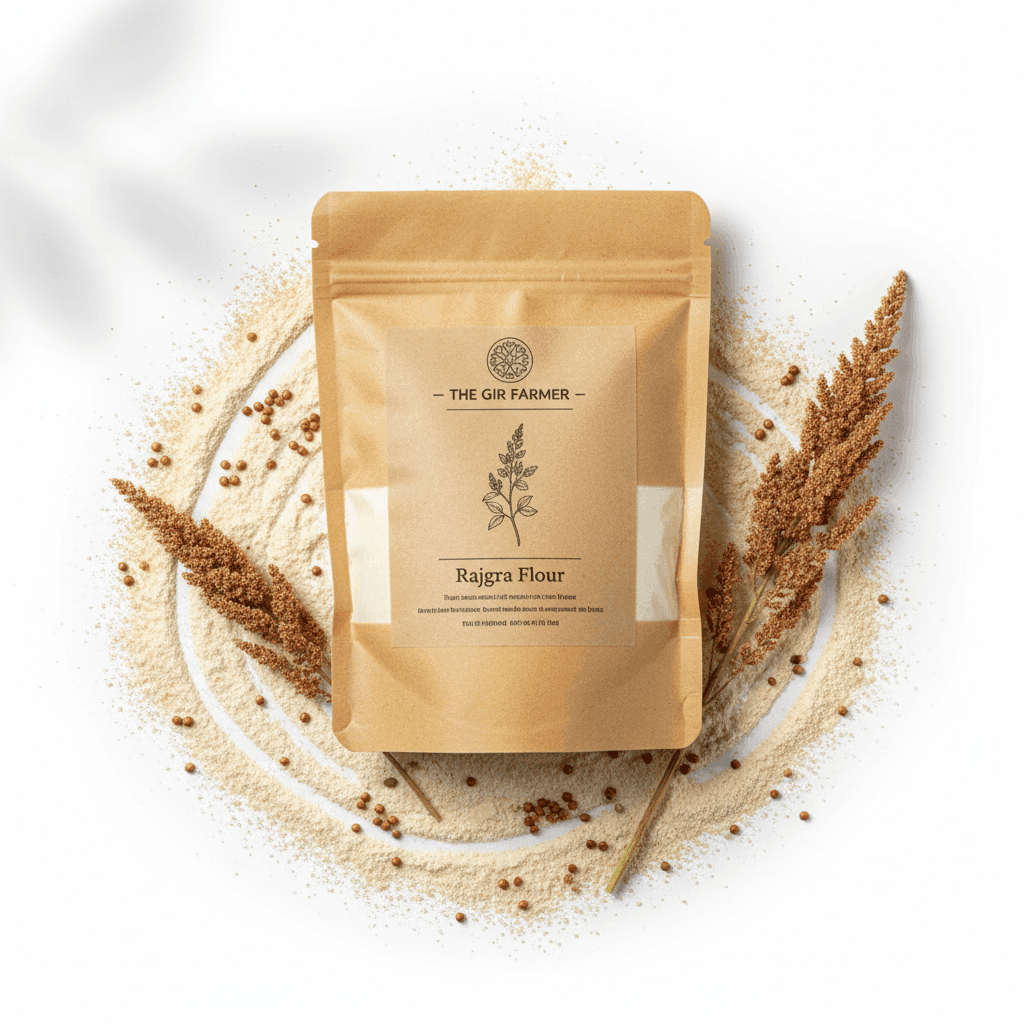 THE GIR FARMER Rajgira Flour packaging with natural grains, ideal for gluten-free cooking and baking