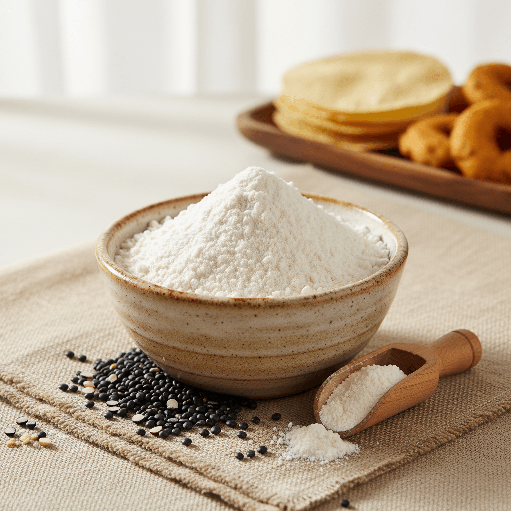 Urad dal flour in a bowl with whole urad dal seeds beside it, ideal for making Indian dishes