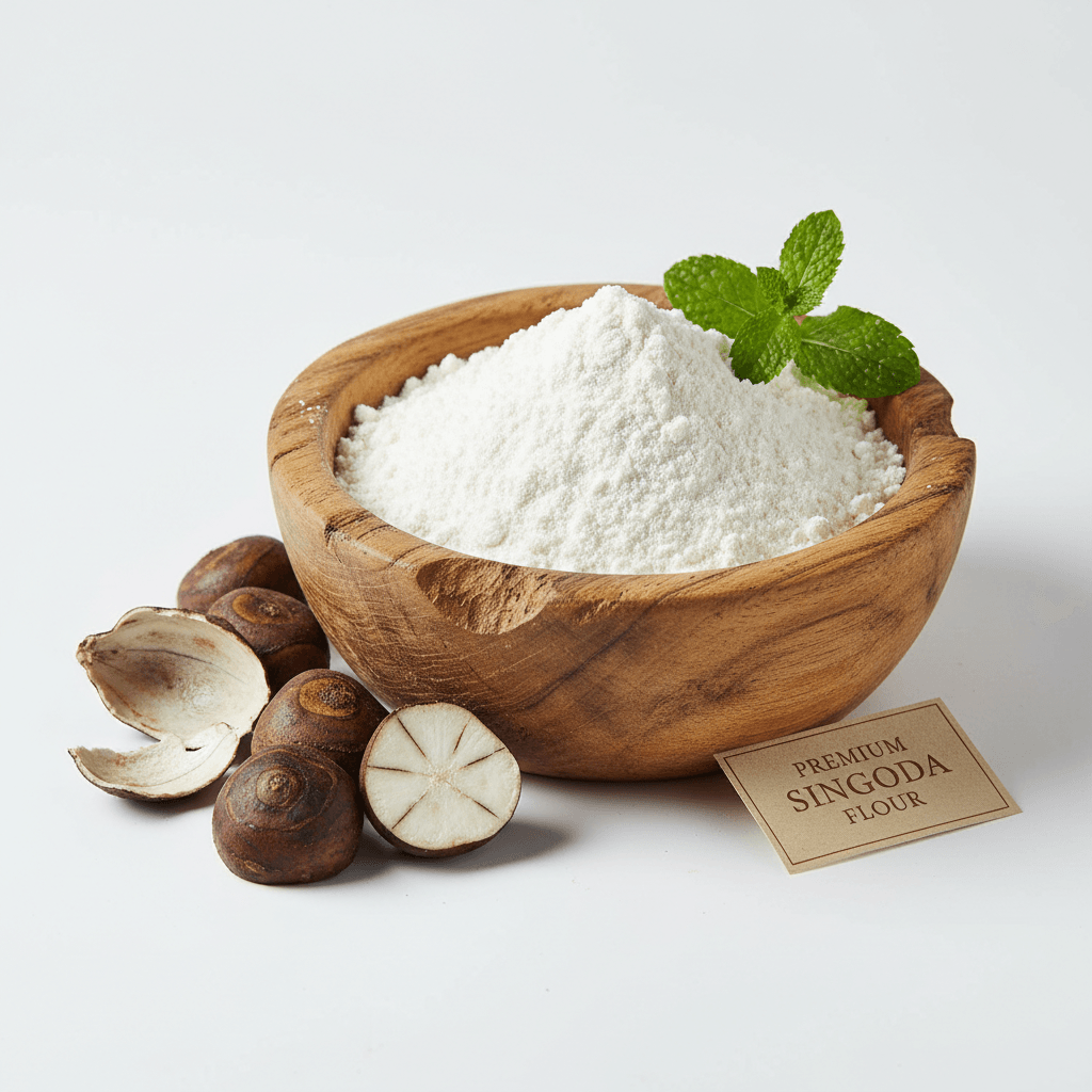 Premium water chestnut flour in a wooden bowl, ideal for gluten-free baking and cooking