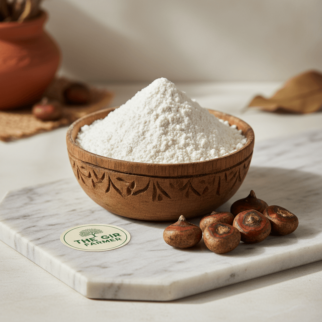 THE GIR FARMER water chestnut flour in a wooden bowl, ideal for gluten-free cooking and baking