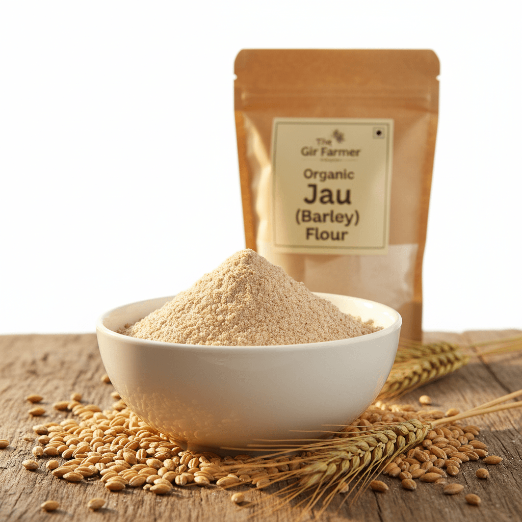 Organic whole grain Jau (Barley) Flour by THE GIR FARMER in a bowl with barley grains