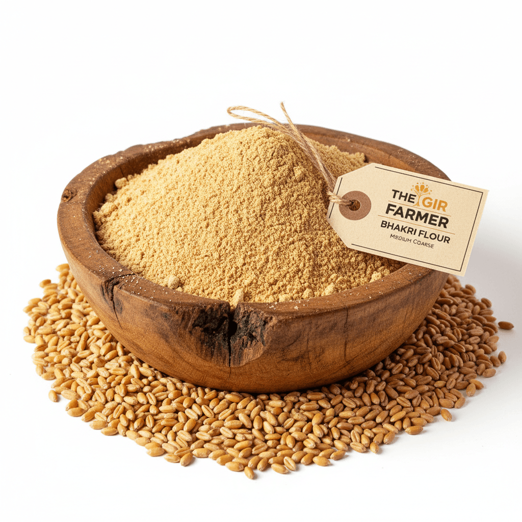 THE GIR FARMER whole wheat flour in a wooden bowl, ideal for healthy baking and cooking