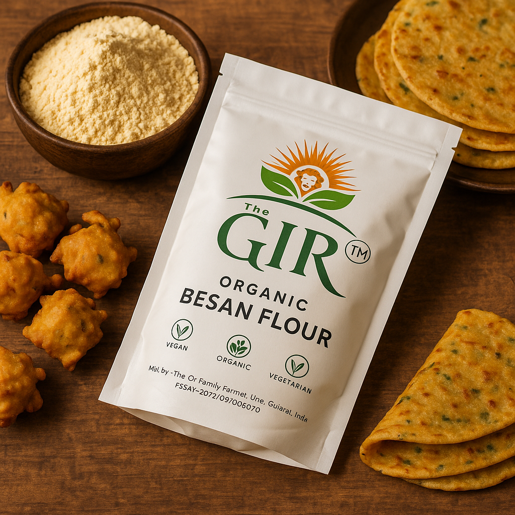 The Gir Farmer Organic Besan Flour Package with Fresh Snacks and Flatbreads on Wooden Table