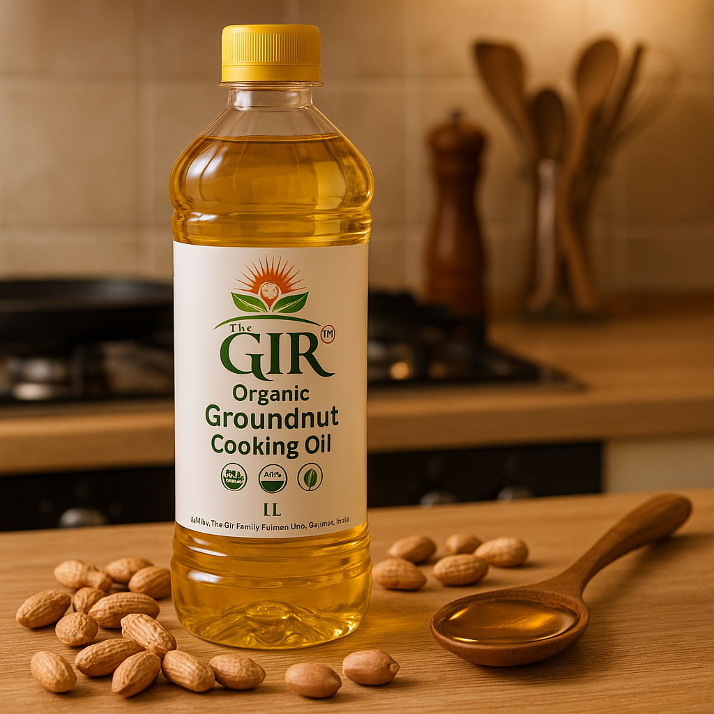 THE GIR FARMER Organic Groundnut Cooking Oil in a clear bottle on a kitchen counter