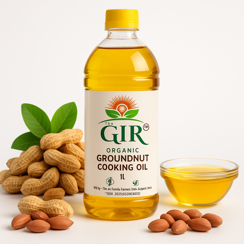 THE GIR FARMER Organic Groundnut Cooking Oil in a bottle beside peanuts and almonds