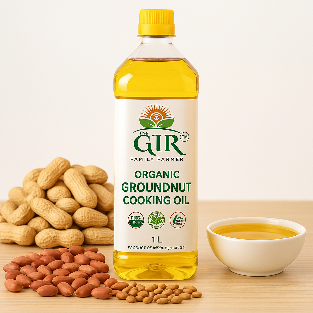 THE GIR FARMER organic groundnut cooking oil in a bottle with peanuts and a bowl of oil